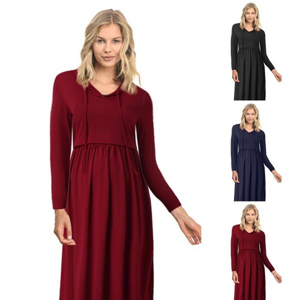 

maternity dresses vestidos nursing hoodie elegant solid pregnancy dress clothes for pregnant women winter breastfeeding, White