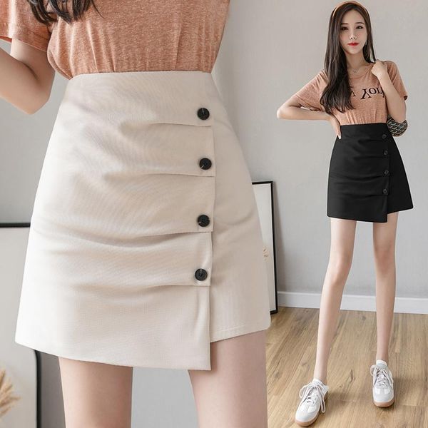 

skirts limiguyue fashion spring summer irregular single-breasted women skirt pleated high waist slim a line short faldas k273, Black
