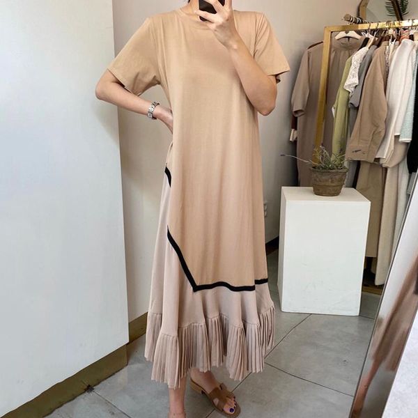 

casual dresses [ewq] 2021 summer fashion temperament elegant wild o-neck loose design hem contrast stitching pleated dress women 16f1053, Black;gray
