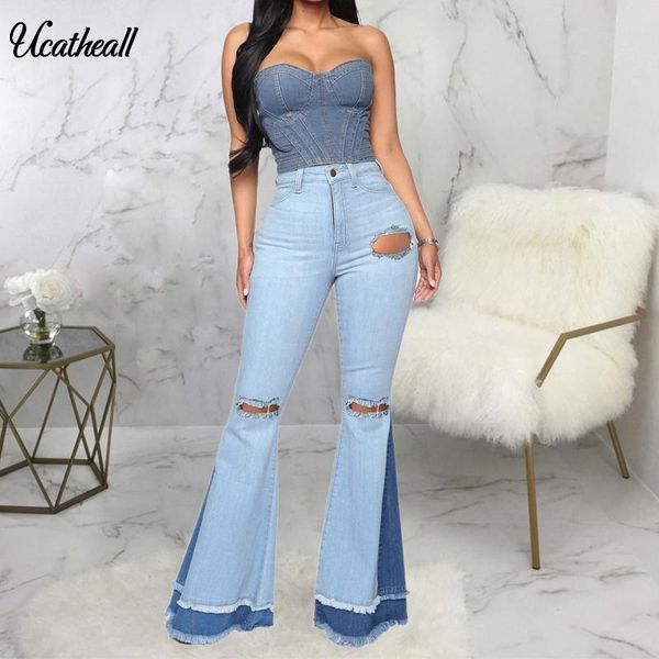 

fringe vintage hole ripped jeans women wide leg denim flare slim pants high waist party casual trousers bell women's, Blue