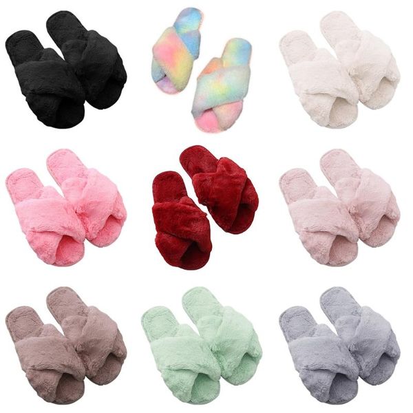 

women furry plush cross band flat slippers fuzzy fluffy anti-skid open toe slides rainbow colorful slip-on indoor outdoor dxad, Black