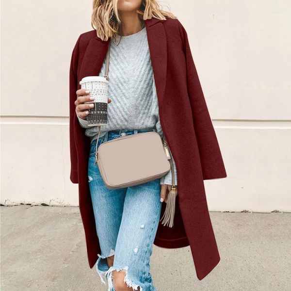 

women's wool & blends thin faux coat women fashion long sleeve turn-down slim overcoat outwear casual autumn winter, Black