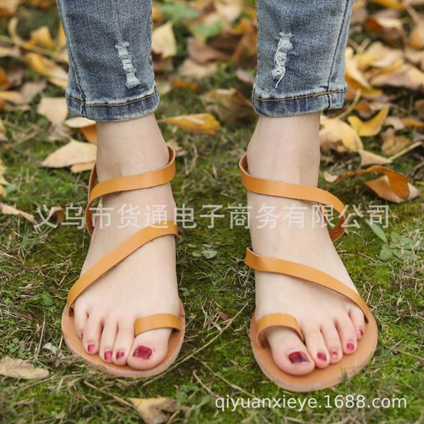 

retro concise flat with plus size gladiator sandals women basic rome front rear strap slip-on summer bohemian shoes, Black