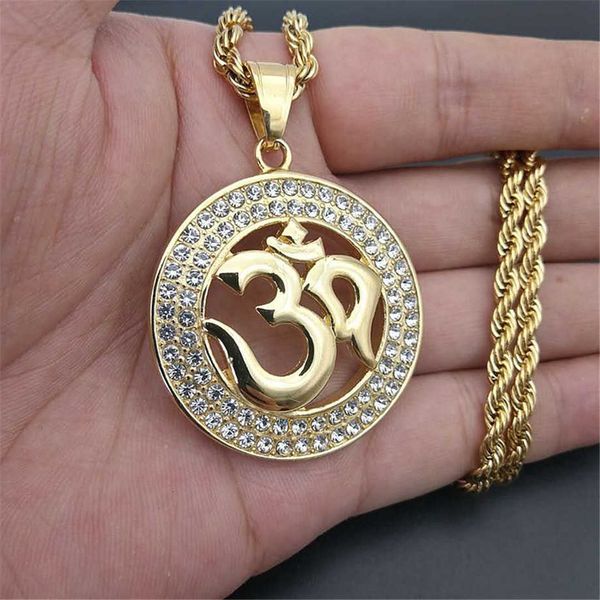 Hip Hop runder indischer Yoga-Anhänger mit Seilkette Goldfarbe Edelstahl OHM Hindu-Buddhismus AUM OM Halsketten Indien Schmuck X0707