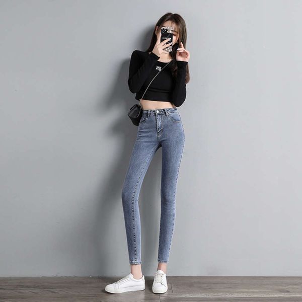 

stretch autumn high waist slim nine leggings small tight pencil, Blue