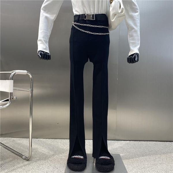 

women's jeans brand original design 2021 metal chain front split pants versatile casual high waist slim straight trousers, Blue