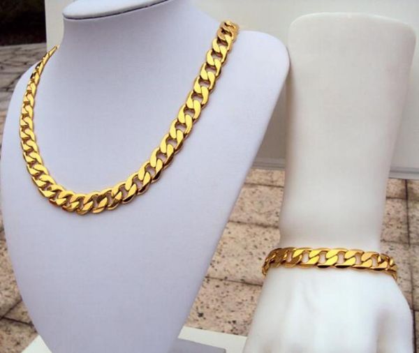 

earrings & necklace mens necklace+bracelet classic accessories yellow gold filled cuban chain jewelry set (24",9"), Silver
