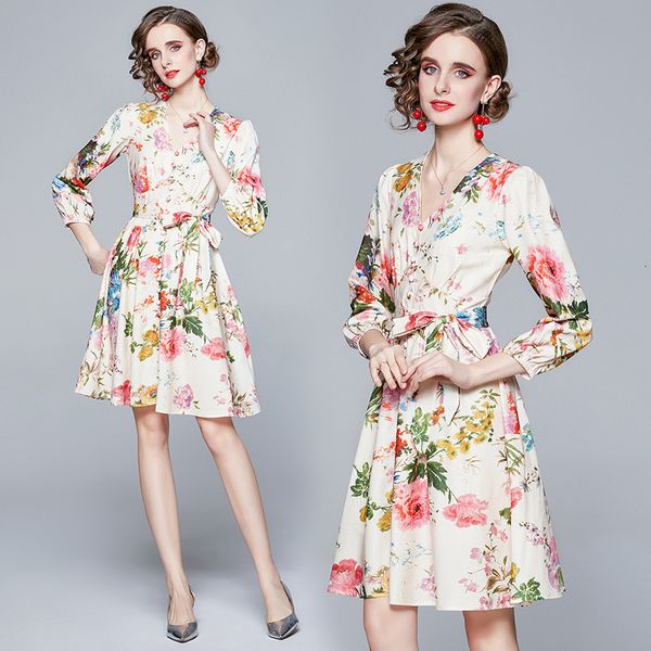 

two piece dress womens designer long sleeve women's clothing temperament v-neck printing slim medium length 1u42, White