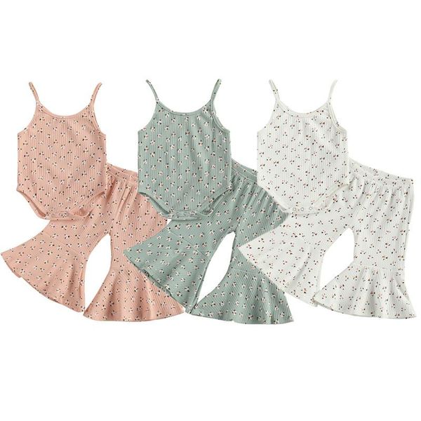 

lovely children girls ribbed knitted floral sleeveless bodysuits +bell-bottom pants kids holiday casual soft outfits clothing sets, White