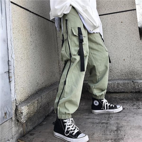 

women's pants & capris korean style ins harajuku cargo pockets elastic waist solid loose casual spring high full length female, Black;white