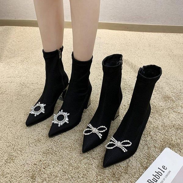 

boots stretch women ankle 2021 autumn winter comfortable heeled office lady shoes high heels sock botas mujer, Black