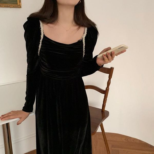 

autumn women's french style hand-beaded square neckline waist slimming open back lace velvet long sleeve dress casual dresses, Black;gray