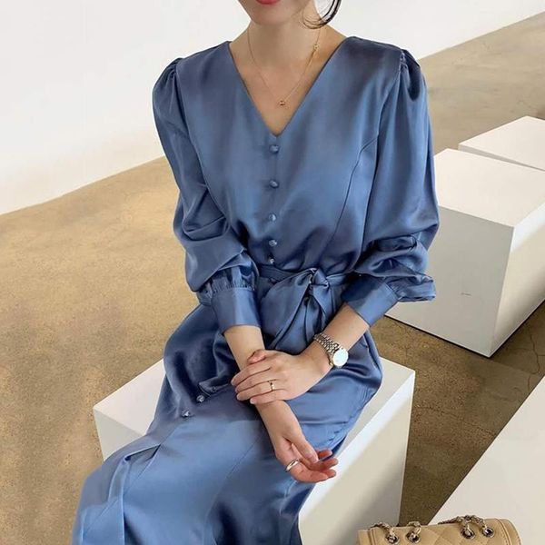 

casual dresses [ewq] 2021 spring female loose v-neck solid color long sleeve minimalist lace up trumpet a-line dress 8q592, Black;gray