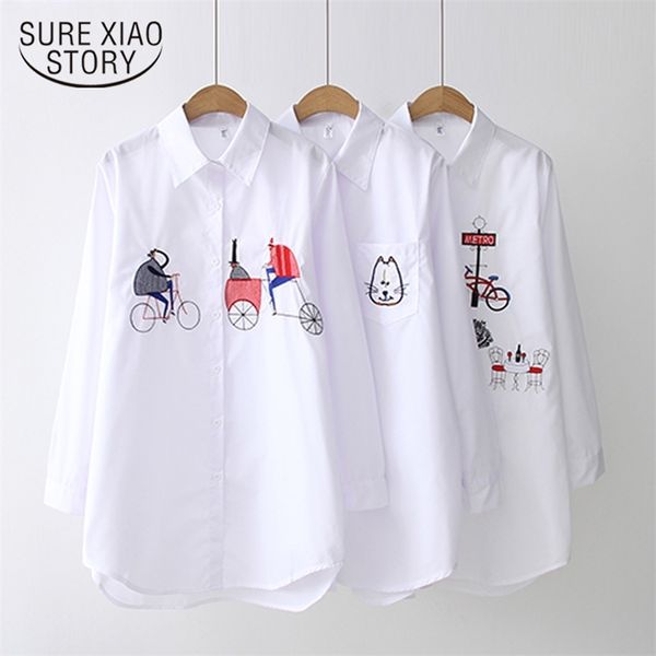 

white women 2021 long sleeve cotton embroidery blouse lady casual button design turn down collar female shirt 5083