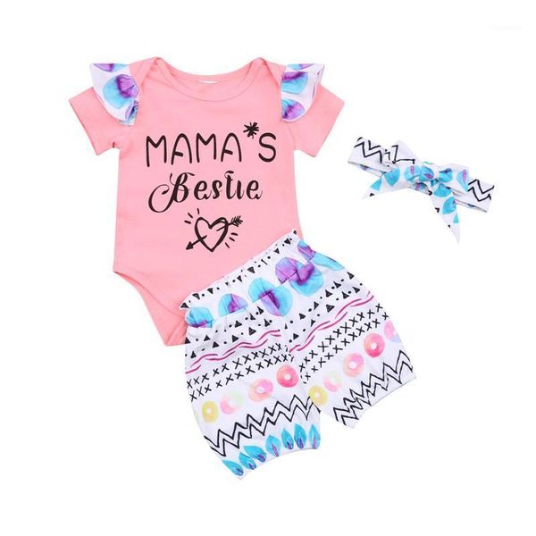 

3pcs baby summer outfits, letter print o-neck short sleeves romper + eggs shorts headband suit for toddler girls clothing sets, White