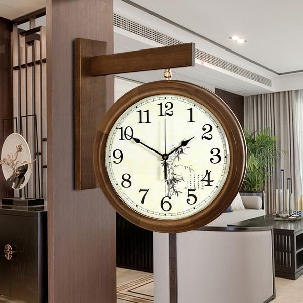 

wall clocks vintage quarz clock aesthetic europe living room double sided silent wood reloj digital de pared home decor 50wc