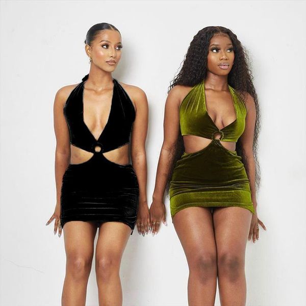

bodycon velvet mini halter womens dresses off shoulder bandage vintage green black casual female party nightclub, Black;gray