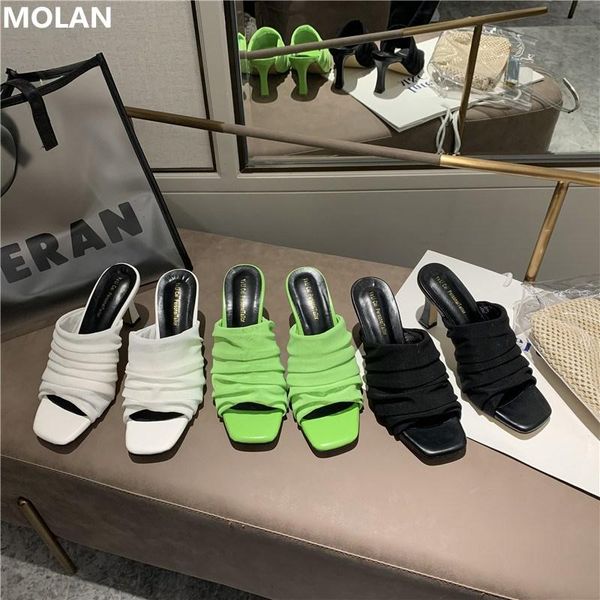

dress shoes molan brand designers 2021 fashion silk square toe retro high heels lady pumps loafers mules flip flops outside, Black