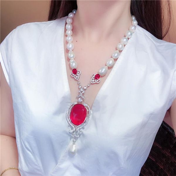 

chains hand knotted natural white freshwater pearl red zircon micro inlay accessories necklace fashion jewelry, Silver