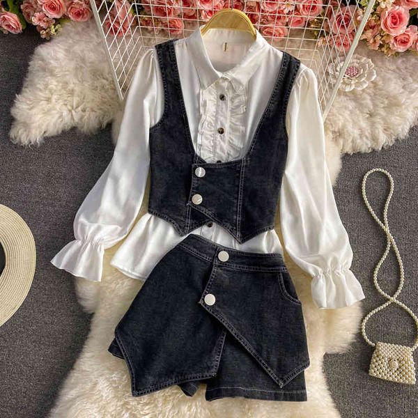 

pants fashion streetwear 3 piece of long sleeve shirt + demin vest jeans ensemble korean suits 2021 spring women's clothes, White