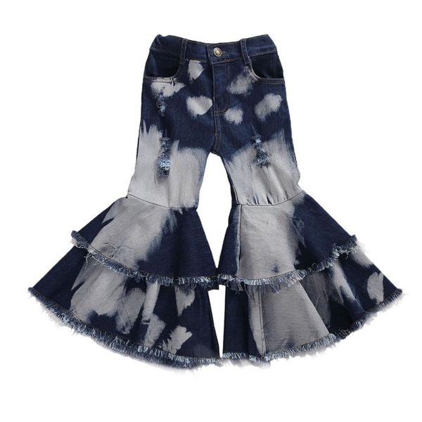 

jeans 2-7years fashion infant kids baby girls long pants blue denim patchwork ruffles button flare casual outfits