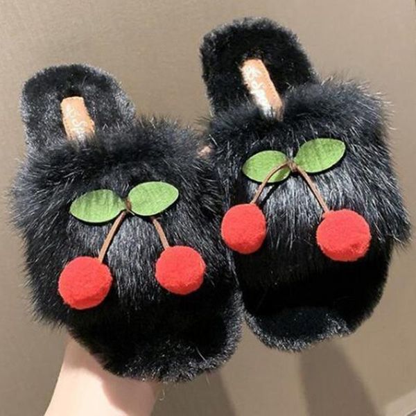 

women plush home slippers fashion cherry faux fur warm flats girls shoes slip on autumn winter indoor furry ladies slides xx538, Black