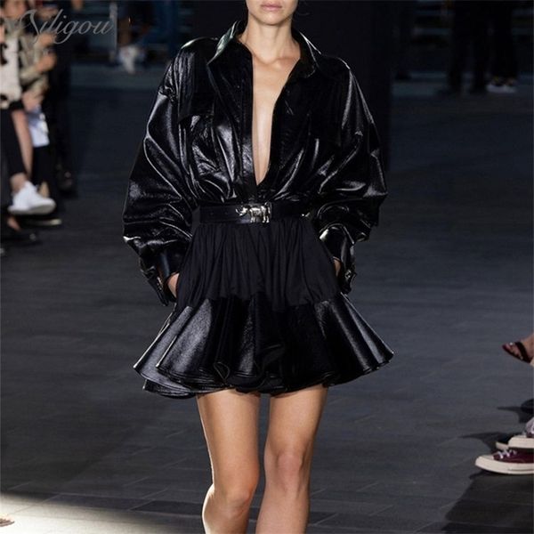 

fall fashion lapel long sleeve belt patchwork ruffle mini dress pu leather a line celebrity party vestidos 210525, Black;gray