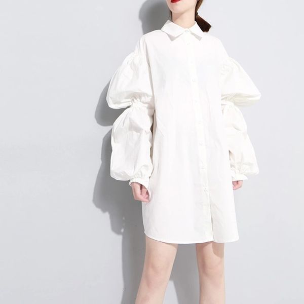 

runway dresses europe and america spring white lantern sleeve pleated long shirt lapel dress d745, Black