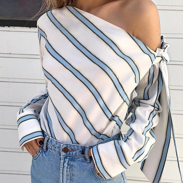 

women's blouses & shirts 2021 european and american selling sloping shoulder lace striped shirt horizontal neck slim long sleeve bow to, White