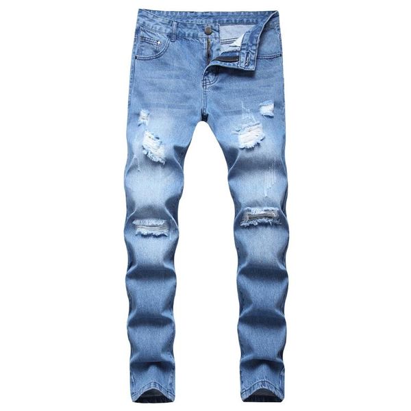 

men's jeans 2021 straight tube slim hole cotton pants trousers, Blue