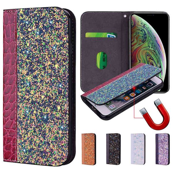 

wallet phone cases for iphone 12 11 pro max xr xs x 7 8 samsung galaxy s20 note20 ultra s10 note10 plus glitter crocodile texture pu leather