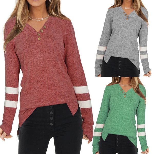 

2021 new button v-neck stitched two bars casual long sve sweater, Black