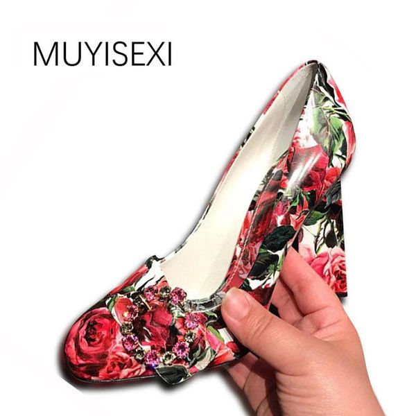 

women's pumps genuine leather with red rose printing woman party shoes wedding square heel 9 cm spring women yt08 muyisexi dress, Black