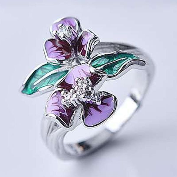 

elegant exquisite flower rings for women purple bud enamel cubic zirconia crystal wedding ring anniversary gift jewelry, Slivery;golden