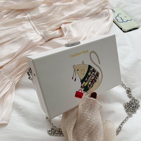 

evening bags summer fashion ladies small square pu leather handbag for women white shoulder bag chain messenger printed mouse box