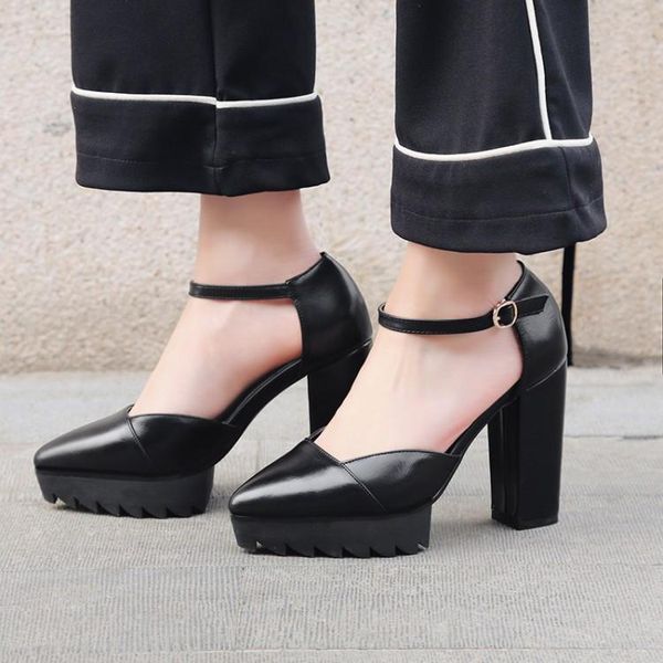 

platform chunky block high heels sandals women buckle ankle strap dress party punk rock gothic shoes pointed toe, Black
