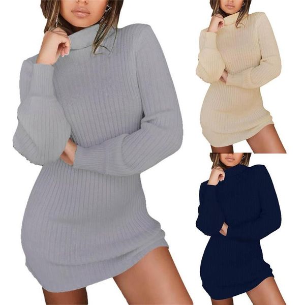 

women's sweaters fashion women autumn solid color long sleeve turtle neck ribbed sliming mini dress, White;black