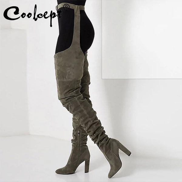 

boots coolcept size 36-41 women fashion winter over knee long heels faux suede leather quality comfort block slim ti, Black