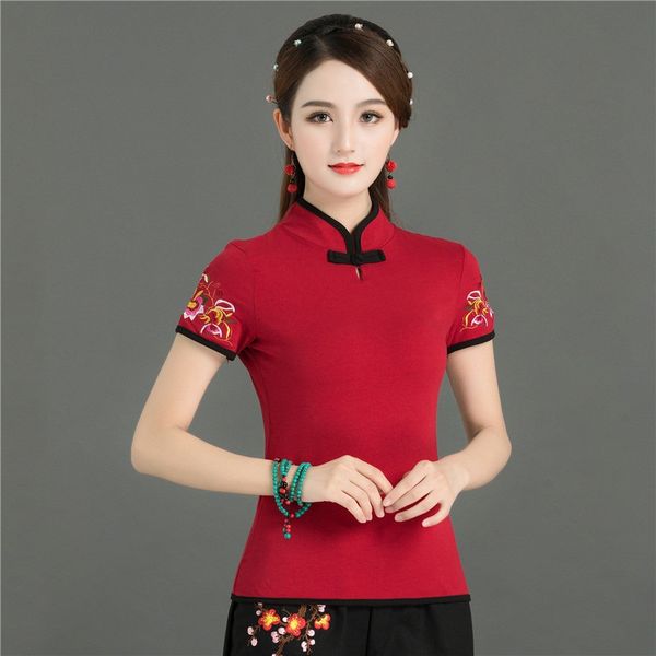 

chinese style clothing women clothes 2021 cheongsam chinese traditional shirt blouse cotton hanfu ladies chinese 12361, Red