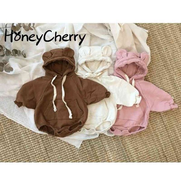 Bonitos pequenos orelhas de urso mais veludo vestuário crianças cor-de-rosa bodysuit menina roupas bebê bodysuits 210317