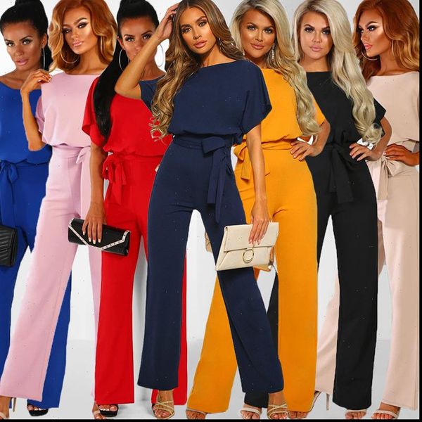 

summer short sleeve elegant long womens romper wide leg pants high waist casual bodysuit plus size overalls loose, Black;white