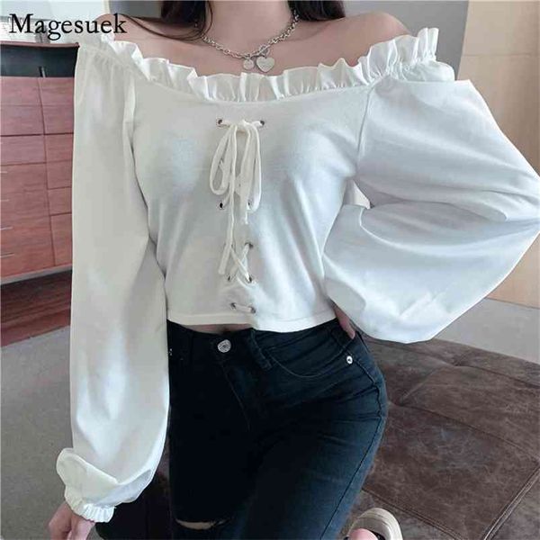 

autumn fashion short white shirt women puff sleeve ruffles vintage blouse casual slash neck blouses 11352 210512