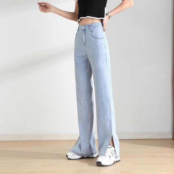 

women's jeans women summer loose casual tencel thin elastic split office lady streetwear fashion long trousers female denim pants, Blue