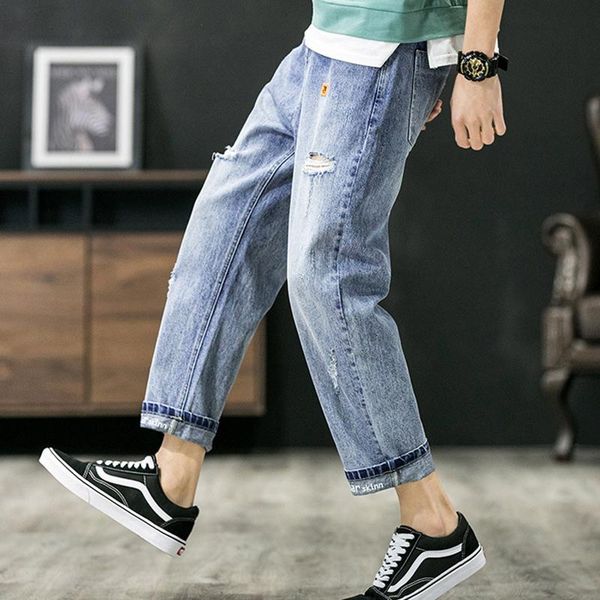

korean men loose cropped pants jeans label light vertical wide leg trend teenager men's, Blue