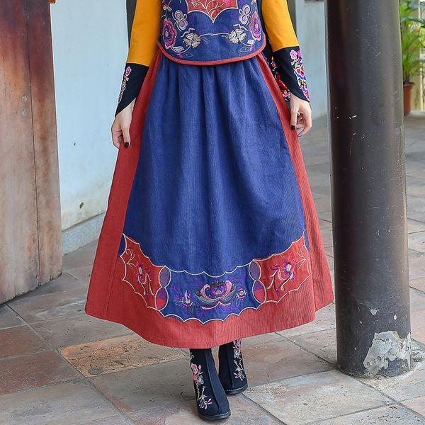 

skirts 2021 autumn national style elastic waist corduroy heavy industry embroidery flower versatile a-line skirt, slim long skirt, Black