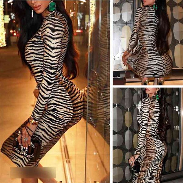 

woman dress slim fit long sleeve turtleneck ladies tiger skin printed party bodycon clubwear sheath clothing 210522, Black;gray