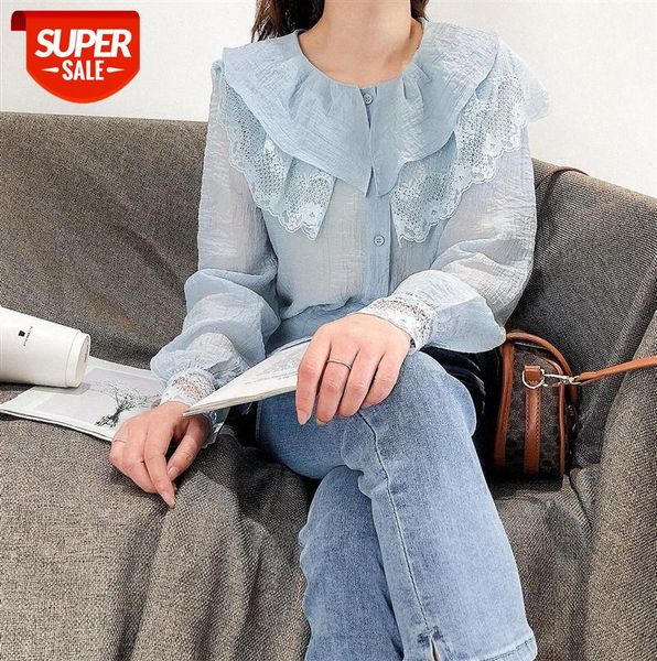 

li zhiqi double lace doll collar shirt solid color french sweet ruffle jacket 110566 #gb4k, Black;gray