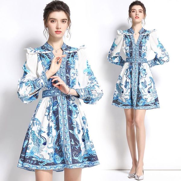 

casual dresses summer floral print v neck long sleeve women ladies fashion temperament party shirt dress, Black;gray