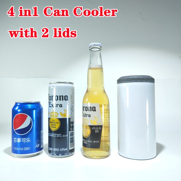 

4 in 1 sublimation can cooler 16oz straight tumbler slim can-insulator with 2 lids white blank coozie stainless steel double layer insulated