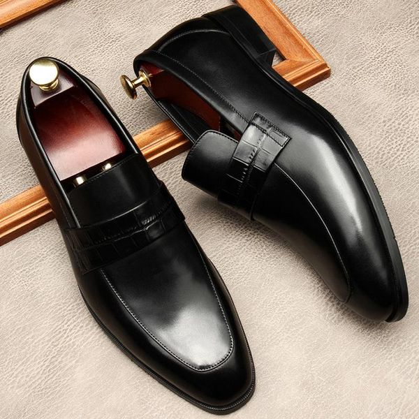

slip on men dress italian genuine leather shoes business wedding shoe round head formal fashion black oxford lofers